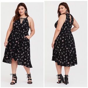Torrid Black Floral O-Ring Challis Midi Dress